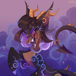 Size: 3000x3000 | Tagged: safe, artist:nikol flamel, oc, oc only, oc:medea violet ring, original species, pony, art trade, dragon tail, ear piercing, fangs, female, forked tongue, gears, glasses, high res, horn, hybrid oc, mare, multiple horns, piercing, smoke, solo, sparkles, tail