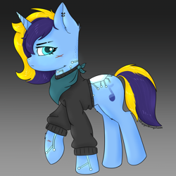 Size: 3000x3000 | Tagged: safe, artist:purple wingshade, oc, oc:blue 97, cyborg, pony, robot, robot pony, unicorn, angry, annoyed, bandana, clothes, ear piercing, eyebrow slit, eyebrows, female, full body, glowing, glowing eyes, gradient background, high res, mare, multicolored hair, piercing, scar, solo, sweater, watermark
