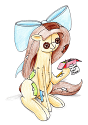 Size: 750x1066 | Tagged: safe, artist:40kponyguy, derpibooru exclusive, edit, oc, oc only, oc:raggie, earth pony, hagwarders, original species, pony, 2024 community collab, derpibooru community collaboration, bow, female, hair bow, hoof hold, living doll, mare, simple background, solo, stuffing, traditional art, transparent background