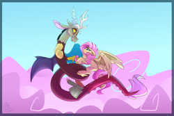 Size: 3000x2000 | Tagged: safe, artist:starcasteclipse, discord, fluttershy, draconequus, pegasus, pony, g4, cloud, duo, duo male and female, female, floating, floppy ears, high res, looking at each other, looking at someone, male, ship:discoshy, shipping, signature, sky, smiling, straight