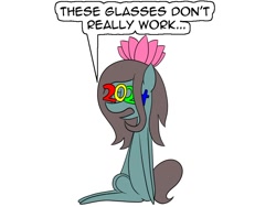 Size: 1000x751 | Tagged: safe, artist:sneshpone, oc, oc only, earth pony, pony, 2024, dialogue, earth pony oc, glasses, novelty glasses, simple background, sitting, solo, speech bubble, white background