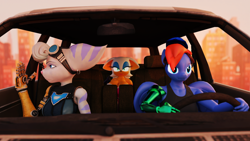 Size: 1920x1080 | Tagged: safe, artist:kamimation, oc, oc:kam pastel, lombax, pegasus, anthro, 3d, amputee, angry, blender, breasts, car, car interior, clothes, driving, female, folded wings, furry, goggles, goggles on head, meme, multiple characters, prosthetic limb, prosthetics, ratchet and clank, rivet (r&c), rouge the bat, sonic the hedgehog (series), tank top, trio, wings