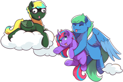 Size: 3361x2254 | Tagged: safe, artist:morrigun, derpibooru exclusive, oc, oc only, pegasus, pony, unicorn, 2024 community collab, derpibooru community collaboration, clothes, cloud, eyes closed, eyes open, female, flying, goggles, googly eyes, high res, holding a pony, horn, looking at you, lying down, male, mare, pegasus oc, scarf, simple background, stallion, tongue out, transparent background, trio, unicorn oc, wings