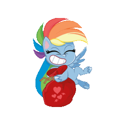 Size: 480x480 | Tagged: safe, rainbow dash, pegasus, pony, g4.5, my little pony: pony life, official, animated, bag, eyes closed, gif, simple background, smiling, solo, teeth, transparent background