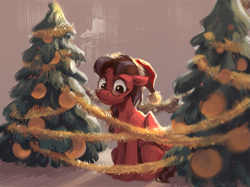 Size: 1455x1088 | Tagged: safe, artist:jewellier, oc, oc only, oc:july red pencil, pegasus, pony, abstract background, christmas, christmas tree, female, floppy ears, glasses, hat, holiday, looking down, mare, pegasus oc, santa hat, sitting, solo, tinsel, tree
