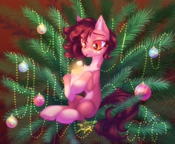 Size: 2837x2329 | Tagged: safe, artist:jsunlight, oc, oc only, earth pony, pony, candle, chest fluff, christmas, christmas tree, food, high res, holiday, marshmallow, ornament, solo, tree