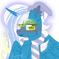 Size: 1000x1000 | Tagged: safe, artist:arctusthegoddess, oc, oc only, oc:fleurbelle, alicorn, pony, alicorn oc, blushing, clothes, female, hat, horn, mare, scarf, simple background, solo, striped scarf, transparent background, wings, yellow eyes