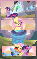 Size: 2560x4096 | Tagged: safe, artist:kebchach, fluttershy, rainbow dash, twilight sparkle, pegasus, pony, unicorn, art pack:welcum to birthday artpack, comic:hurricane sluttershy, g4, hurricane fluttershy, blushing, chest fluff, comic, female, goggles, high res, human shoulders, lesbian, looking at someone, missing cutie mark, open mouth, ship:flutterdash, shipping, smiling, tornado