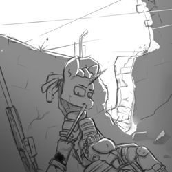 Size: 1000x1000 | Tagged: safe, artist:chgnk3r, oc, oc only, oc:tungsten shell, pony, unicorn, armor, armored pony, black and white, clothes, fight, grayscale, gun, injured, male, military, military uniform, monochrome, solo, uniform, weapon