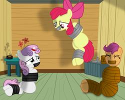 Size: 5000x4006 | Tagged: safe, artist:cardshark777, apple bloom, scootaloo, sweetie belle, earth pony, pegasus, pony, unicorn, g4, arm behind back, blank flank, bondage, bound and gagged, bow, box, cabinet, captive, clubhouse, crusaders clubhouse, cutie mark crusaders, duct tape, eyes closed, female, filly, flower, foal, gag, hair bow, hanging, helpless, hooves behind back, horn, horn ring, looking at each other, looking at someone, looking down, looking up, magic suppression, mummification, ring, shading, struggling, suspended, suspension bondage, tape, tape bondage, tape gag, tied up, trio, vase