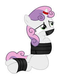 Size: 1500x1889 | Tagged: safe, artist:cardshark777, sweetie belle, pony, unicorn, g4, arm behind back, bondage, bound and gagged, captive, digital art, female, filly, foal, gag, helpless, hooves behind back, horn, horn ring, looking up, magic suppression, ring, simple background, sitting, solo, tape, tape bondage, tape gag, transparent background