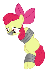 Size: 1500x2074 | Tagged: safe, artist:cardshark777, apple bloom, earth pony, pony, g4, arm behind back, bondage, bound and gagged, captive, digital art, female, filly, foal, gag, helpless, hooves behind back, looking down, simple background, solo, tape, tape bondage, tape gag, transparent background