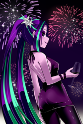 Size: 2000x3000 | Tagged: safe, artist:nekojackun, aria blaze, human, equestria girls, g4, alcohol, arse-ia blaze, ass, bare shoulders, bedroom eyes, breasts, busty aria blaze, butt, eyebrows, eyeshadow, female, fireworks, glass, happy new year 2024, high res, looking at you, looking back, looking back at you, makeup, new year, open-back dress, pigtails, rear view, reasonably sized breasts, side view, sideboob, smiling, smiling at you, solo, twintails, wine, wine glass