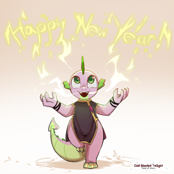 Size: 1200x1200 | Tagged: safe, artist:cold-blooded-twilight, spike, dragon, g4, chinese dress, clothes, crossdressing, dress, fangs, fire, happy new year 2024, magic, raised leg, wide hips, year of the dragon