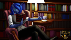 Size: 7680x4320 | Tagged: safe, artist:tsaritsaluna, princess luna, alicorn, anthro, g4, armchair, book, bookshelf, chair, clothes, cup, female, lamp, mare, necktie, reading, shoes, sitting, solo, waistcoat