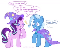 Size: 1624x1331 | Tagged: safe, artist:xxb4d_4ppl3xx, starlight glimmer, trixie, pony, unicorn, g4, accessory swap, blushing, cape, clothes, dialogue, duo, female, hat, lesbian, looking at each other, looking at someone, one eye closed, ship:startrix, shipping, simple background, smiling, smiling at each other, standing, text, the great and powerful, trixie's cape, trixie's hat, white background, wink