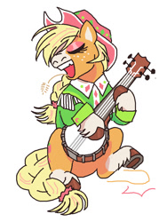 Size: 683x907 | Tagged: safe, artist:necronyancy, applejack, earth pony, pony, g4, banjo, clothes, eyes closed, freckles, hat, musical instrument, open mouth, redesign, simple background, sitting, smiling, solo, unshorn fetlocks, white background