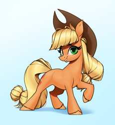 Size: 2320x2510 | Tagged: safe, artist:aquaticvibes, applejack, earth pony, pony, g4, applejack's hat, colored hooves, cowboy hat, female, gradient background, grin, hair tie, hat, high res, hooves, looking at you, mare, ponytail, raised hoof, shadow, smiling, smiling at you, solo, stray strand, teeth, tied hair