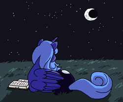 Size: 1011x835 | Tagged: safe, artist:necronyancy, princess luna, alicorn, pony, g4, book, crescent moon, female, grass, grass field, looking away, lying down, mare, moon, night, s1 luna, simple background, solo, starry sky