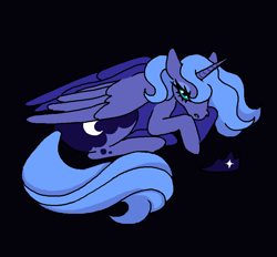 Size: 908x843 | Tagged: safe, artist:necronyancy, princess luna, alicorn, pony, g4, black background, crown, jewelry, looking at you, lying down, regalia, s1 luna, simple background, solo