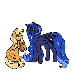 Size: 698x701 | Tagged: safe, artist:necronyancy, applejack, princess luna, alicorn, earth pony, pony, g4, duo, female, freckles, lesbian, looking at each other, looking at someone, ship:lunajack, shipping, simple background, sitting, smiling, white background