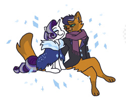 Size: 797x641 | Tagged: safe, artist:necronyancy, capper dapperpaws, rarity, abyssinian, cat, pony, unicorn, g4, capperity, cloak, clothes, coat, duo, eyes closed, female, fur collar, interspecies, looking at each other, looking at someone, male, older, older rarity, scarf, shipping, simple background, sitting, smiling, straight, white background