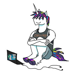 Size: 893x912 | Tagged: safe, artist:necronyancy, oc, oc only, oc:jewels, unicorn, anthro, computer, hooves, laptop computer, simple background, sitting, smiling, solo, transgender, white background