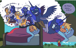 Size: 1466x934 | Tagged: safe, artist:necronyancy, applejack, princess luna, alicorn, earth pony, pony, g4, apple, banjo, bed, crying, dream, duo, eyes closed, female, food, freckles, laughing, lesbian, musical instrument, open mouth, ship:lunajack, shipping, singing, sleeping, smiling, sweet apple acres, text