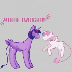 Size: 1280x1280 | Tagged: safe, artist:ponyvillez, princess flurry heart, twilight sparkle, alicorn, pony, g4, aunt and niece, auntie twilight, duo, eyes closed, flying, looking at each other, looking at someone, simple background, smiling, standing, text, twilight sparkle (alicorn)