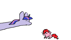 Size: 1152x648 | Tagged: safe, artist:ponyvillez, pinkie pie, twilight sparkle, earth pony, pony, unicorn, g4, duo, duo female, female, long neck, looking at each other, looking at someone, mare, pathetic, simple background, sketch, smol, stretching, unicorn twilight, white background