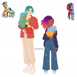 Size: 2048x2048 | Tagged: safe, artist:cryweas, hitch trailblazer, misty brightdawn, sparky sparkeroni, dragon, earth pony, human, pony, unicorn, g5, alternate hairstyle, clothes, coat, converse, cornrows, dark skin, denim, duo, ear piercing, earring, eyeshadow, father and child, father and son, female, freckles, high res, hoodie, humanized, jeans, jewelry, makeup, male, mare, markings, mcdonald's, midriff, necklace, pants, piercing, rebirth misty, shirt, shoes, simple background, socks, stallion, t-shirt, unshorn fetlocks, white background