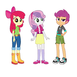 Size: 3840x3840 | Tagged: safe, artist:mlpfan3991, edit, edited screencap, screencap, apple bloom, scootaloo, sweetie belle, human, equestria girls, g4, adorabloom, apple bloom's bow, belt, boots, bow, clothes, cute, cutealoo, denim, diasweetes, dress, female, hair bow, hand on hip, high res, jeans, not a vector, pants, preteen, shirt, shoes, short pants, shorts, simple background, smiling, socks, tennis shoes, tomboy, trainers, transparent background, trio, trio female