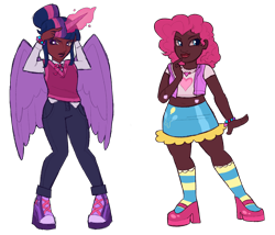 Size: 7000x6000 | Tagged: safe, artist:sheepchops, pinkie pie, sci-twi, twilight sparkle, human, equestria girls, g4, alicorn humanization, alternate hairstyle, belly button, bracelet, clothes, converse, dark skin, denim, duo, female, high heels, horn, horned humanization, humanized, jeans, jewelry, kneesocks, lesbian, midriff, pants, ship:twinkie, shipping, shirt, shoes, simple background, skirt, socks, striped socks, sweater vest, t-shirt, transparent background, winged humanization, wings