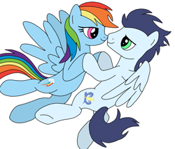 Size: 841x720 | Tagged: safe, artist:dasher666, artist:islamilenaria, edit, rainbow dash, soarin', pegasus, pony, g4, duo, duo male and female, female, looking at each other, looking at someone, male, mare, nose to nose, ship:soarindash, shipping, simple background, stallion, straight, touching hooves, white background