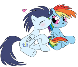 Size: 840x720 | Tagged: safe, artist:dasher666, artist:woogieboboogie, edit, rainbow dash, soarin', pegasus, pony, g4, cheek kiss, colt, colt soarin', cute, dashabetes, female, filly, filly rainbow dash, kissing, male, ship:soarindash, shipping, simple background, soarinbetes, straight, white background, younger