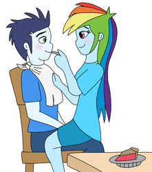 Size: 720x814 | Tagged: safe, artist:dasher666, artist:php71, edit, rainbow dash, soarin', human, equestria girls, g4, duo, feeding, female, food, male, pie, ship:soarindash, shipping, simple background, sitting on lap, straight, white background