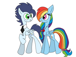 Size: 960x720 | Tagged: safe, artist:dasher666, artist:swirlyquill, edit, rainbow dash, soarin', pegasus, pony, g4, cutie mark accessory, cutie mark necklace, female, jewelry, looking at each other, looking at someone, male, necklace, necktie, ship:soarindash, shipping, simple background, smiling, smiling at each other, straight, white background