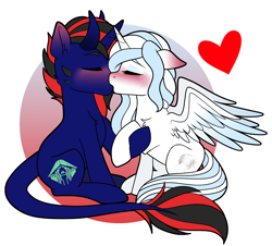 Size: 3519x3184 | Tagged: safe, artist:sevenserenity, oc, oc only, oc:postal, oc:silver moon, alicorn, hybrid, pony, unicorn, duo, heart, high res, holding hooves, horns, kissing, leonine tail, simple background, tail, transparent background, wings