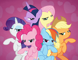 Size: 1072x824 | Tagged: safe, screencap, applejack, fluttershy, pinkie pie, rainbow dash, rarity, twilight sparkle, alicorn, earth pony, pegasus, pony, unicorn, all bottled up, g4, belly, best friends until the end of time, bipedal, cropped, group, lidded eyes, mane six, smiling, twilight sparkle (alicorn)