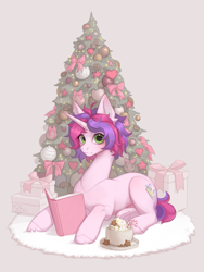 Size: 3000x4000 | Tagged: safe, artist:miurimau, oc, oc only, oc:melody (melodylibris), pony, unicorn, book, candy, candy cane, chocolate, christmas, christmas tree, cookie, female, food, gray background, high res, holiday, hot chocolate, looking at you, lying down, mare, mug, present, prone, simple background, solo, tree, whipped cream