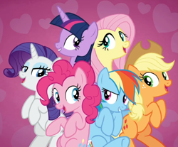 Size: 996x824 | Tagged: safe, screencap, applejack, fluttershy, pinkie pie, rainbow dash, rarity, twilight sparkle, alicorn, pony, all bottled up, g4, belly, best friends until the end of time, bipedal, cropped, group, mane six, open mouth, smiling, twilight sparkle (alicorn)
