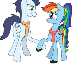 Size: 790x720 | Tagged: safe, artist:dasher666, artist:erudier, edit, rainbow dash, soarin', pegasus, pony, g4, clothes, female, looking at each other, looking at someone, male, ponytail, scarf, ship:soarindash, shipping, simple background, smiling, smiling at each other, stallion, straight, white background