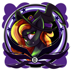 Size: 1500x1500 | Tagged: safe, artist:starcasteclipse, oc, oc only, oc:spirit harvest, hybrid, pegasus, pony, bust, commission, ear fluff, fangs, female, halloween, hat, holiday, mare, simple background, smiling, solo, transparent background, witch hat, ych result