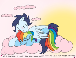 Size: 953x720 | Tagged: safe, artist:dasher666, artist:mlp-hatersgonnahate, edit, rainbow dash, soarin', pegasus, pony, g4, cloud, female, male, on a cloud, ship:soarindash, shipping, smiling, stallion, straight