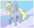 Size: 1800x1500 | Tagged: safe, artist:mokeonn, derpy hooves, pegasus, pony, g4, blush scribble, blushing, cute, derpabetes, female, flying, mare, open mouth, open smile, sky background, smiling, solo, unshorn fetlocks