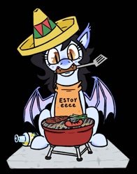 Size: 745x950 | Tagged: safe, artist:jargon scott, oc, oc only, oc:mitzy, bat pony, pony, alcohol, apron, bat pony oc, black background, bottle, clothes, eeee, fangs, female, food, grill, hat, hot dog, leek, mare, meat, mouth hold, sausage, simple background, sitting, solo, sombrero, spatula, steak, tequila