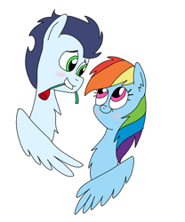 Size: 720x867 | Tagged: safe, artist:dasher666, artist:mariethepony, edit, rainbow dash, soarin', pegasus, pony, g4, cute, dashabetes, female, male, ship:soarindash, shipping, simple background, smiling, stallion, straight, white background