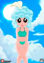 Size: 989x1400 | Tagged: safe, artist:minusclass, cozy glow, human, equestria girls, g4, belly button, bikini, clothes, cloud, cozybetes, cute, equestria girls-ified, female, frilled swimsuit, legs, looking at you, looking down, looking down at you, midriff, open mouth, outdoors, patreon, patreon logo, sky, solo, sun, swimsuit