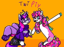 Size: 720x530 | Tagged: safe, artist:thebagelghost, pinkie pie, twilight sparkle, g4, clothes, female, glasses, holding hoof, lesbian, name, one eye closed, orange background, ship:twinkie, shipping, simple background, sweater, wings, wink