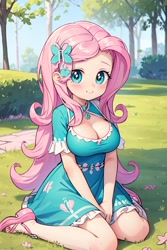 Size: 1536x2304 | Tagged: safe, ai content, generator:yodayo, prompter:sammykun, fluttershy, human, equestria girls, g4, adorable face, big breasts, big eyes, breasts, busty fluttershy, cleavage, clothes, colored eyebrows, cute, dress, female, forest, forest background, grass, hairpin, hands together, human coloration, kneeling, long hair, looking at you, nature, outdoors, request, requested art, shyabetes, sitting, smiling, smiling at you, solo, stupid sexy fluttershy, sunny day, tree